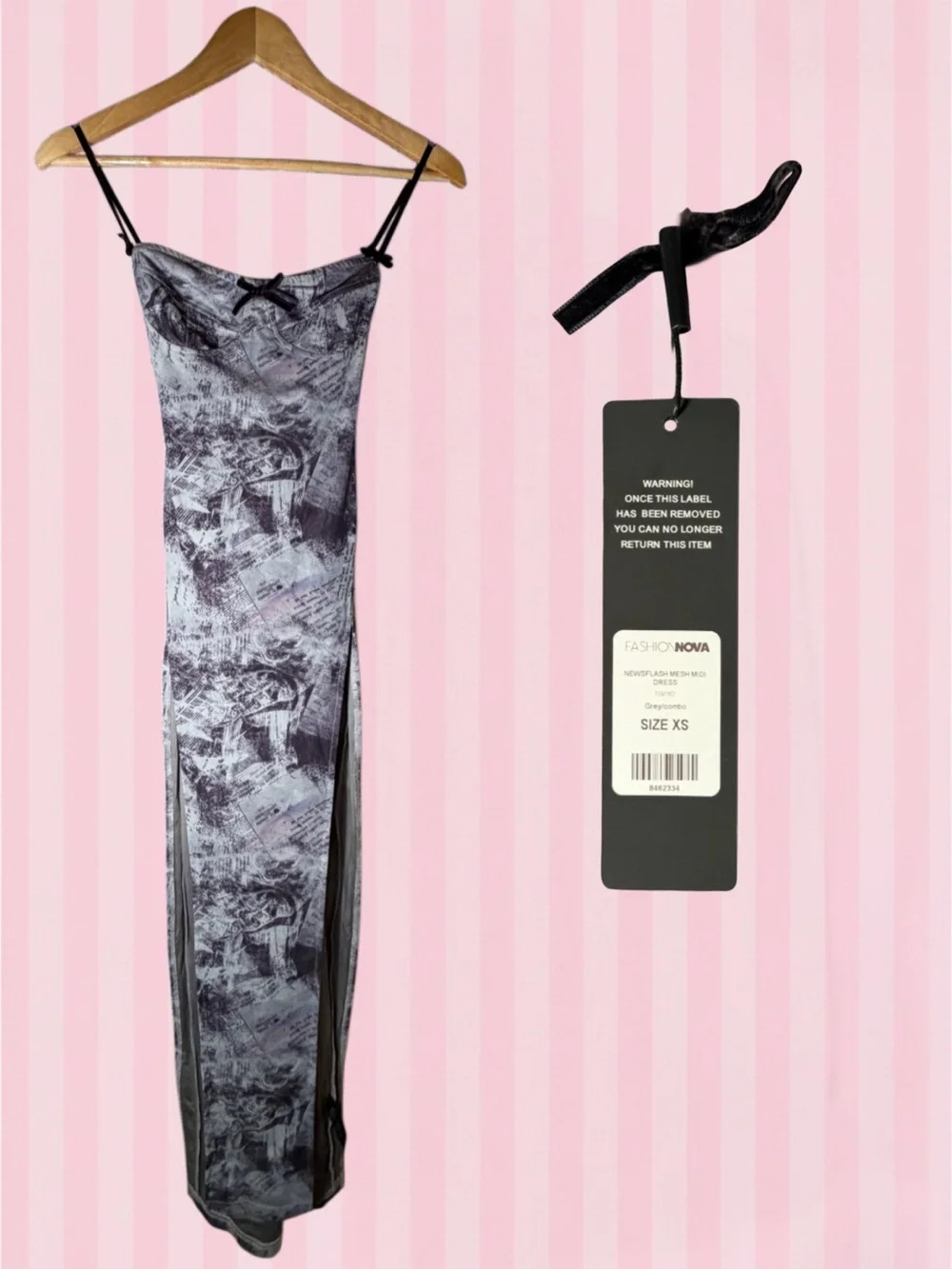 Fashion Nova Black Gray Abstract Slip Maxi Dress with Side Slits